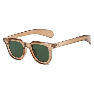 Retro amber frame sunglasses with dark green lenses and metal rivet detail in 45-degree view
