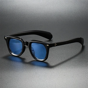 Vintage retro square sunglasses in glossy black frame with dark blue lenses for women