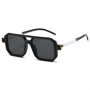 Close-up of double-bridge square sunglasses featuring stylish bi-color white and brown temples