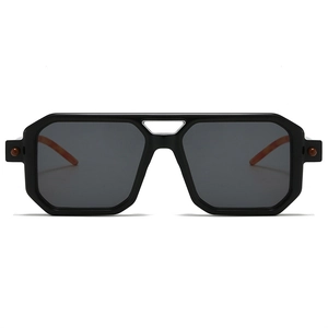 Detail of square sunglasses with black frame, double bridge and tortoiseshell temples