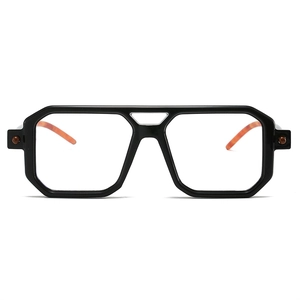 Detail of square double-bridge frames with black acetate and tortoiseshell temples