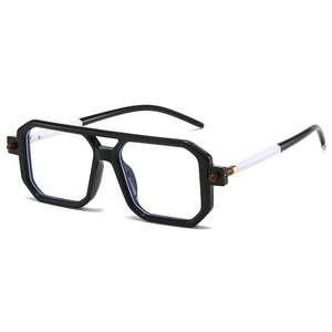 Detail of classic double-bridge square eyewear frame with black and white spliced temples