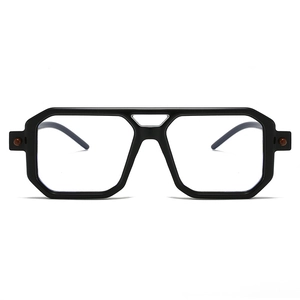 Detail of classic black double-bridge square frames with retro rivet accents