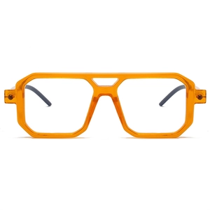 Detail view of transparent orange octagonal double bridge glasses with clear lenses