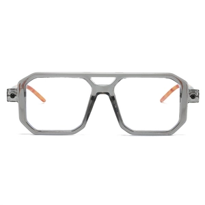 Detailed front view of double bridge square glasses with grey frame and orange temple tips
