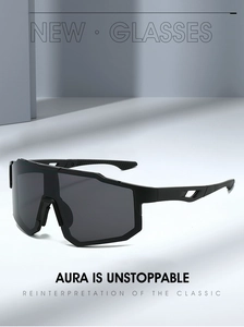 Detail showing matte black frame and geometric hollow temple design of cycling sunglasses