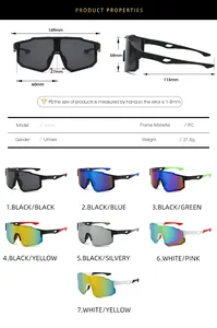 Detailed size specifications for cycling sunglasses with lens dimensions and frame measurements