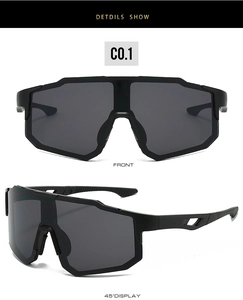 Front and 45-degree angle views of matte black cycling sunglasses with one-piece grey lens