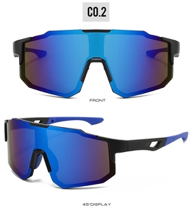 Front and 45-degree views of blue mirrored sports cycling sunglasses with black matte frame
