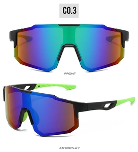 Close-up of windproof sports cycling sunglasses with large colorful lenses and frame detail