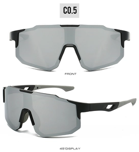 Front and 45-degree angle view of silver oversized cycling sunglasses with black frame
