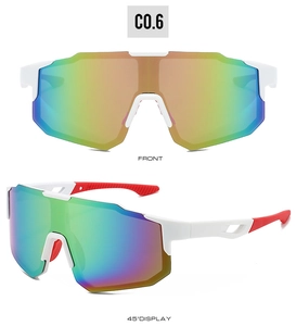Front and side view of white cycling sunglasses with colorful iridescent lenses