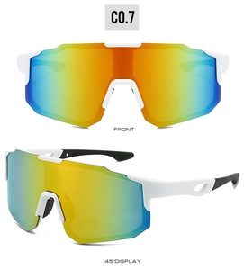 Front and 45-degree angle views of ivory cycling sunglasses with rainbow lenses