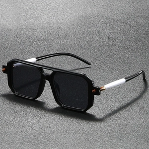 Retro square frame sunglasses with double bridge and black tinted lenses for unisex