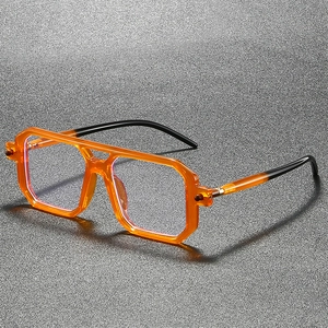 Classic double-bridge square blue light blocking glasses with orange translucent frames