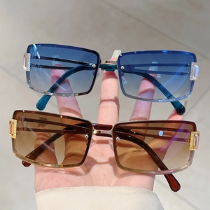 Square gradient lens sunglasses with thin metal frames and decorative temple accents