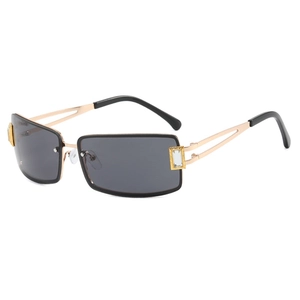 Square frame sunglasses with gray lenses and gold metal temples featuring rhinestone details