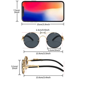 Detailed size specifications for round sunglasses featuring leopard head temple accents