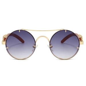 Retro double-bridge round sunglasses with leopard head metal carving and purple gradient lens