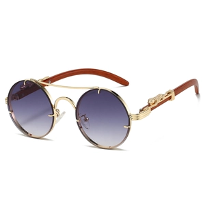 Retro round gold double-bridge sunglasses with purple gradient lenses and leopard decor