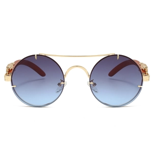 Close-up of golden lion head relief detail on vintage double bridge sunglasses