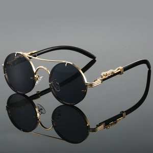 Retro round metal sunglasses with double bridge and gold panther head relief detail