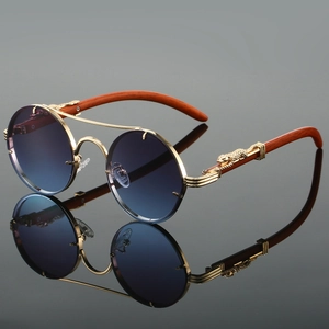 Luxury retro round sunglasses with double bridge gold metal frame and panther head decor