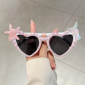 Herzförmige Sonnenbrille Mit PC Rahmen Künstliche Perlen Seestern Muschel Meerjungfrau Schwanz Dekoration UV400 Mode Frauen Party Strand