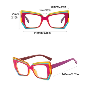 Detailed size chart for irregular colorful anti-blue light glasses with dimensions