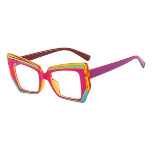 Colorful irregular cat-eye blue light blocking glasses with vibrant multi-color frame layers