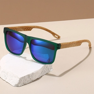Detail of wooden grain temples with decorative stripes on stylish polarized sunglasses