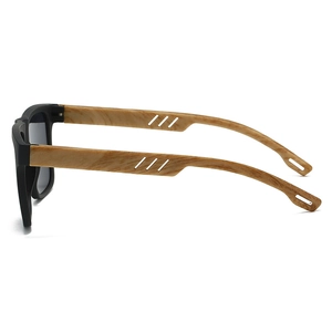 Classic men's retro sunglasses with matte black frame and natural wood grain temples