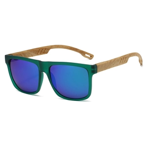Classic men's square sunglasses with wood grain temples and green frames shown in 45-degree view