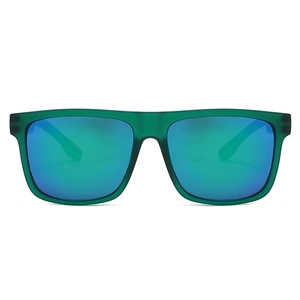 Close-up of matte green square frame sunglasses with blue-green reflective lenses
