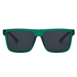 Close-up of translucent green square frame sunglasses with dark grey polarized lenses