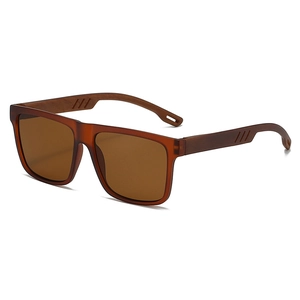 Detail of amber brown rectangle sunglasses with faux wood grain temples and side accents
