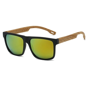 Detail of men's matte black sunglasses featuring wood grain temples and mirrored lenses