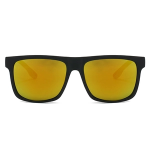 Detail of matte black sunglasses with reflective orange mirrored lenses in wood grain style