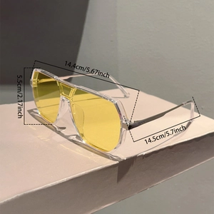Detailed size specifications for oversized pilot sunglasses with light yellow lenses