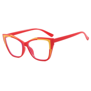 Cat eye blue light glasses in red and yellow frame with transparent lenses