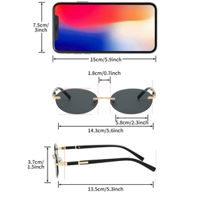 Detailed size guide of rimless oval sunglasses with gold metal temples and dimensions