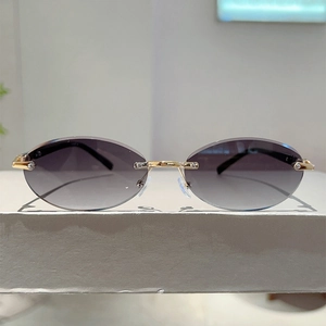 Detail shot of rimless oval sunglasses with grey gradient lenses and gold metal bridge