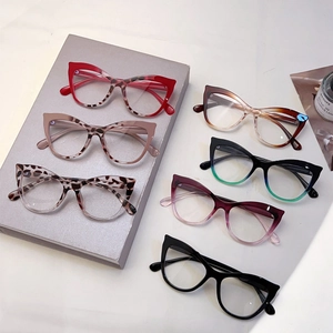 Retro cat-eye blue light blocking glasses shown in seven trendy multi-color leopard frames