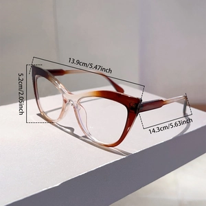 Detail view of tortoiseshell cat-eye glasses frame with precise dimensions and glossy finish