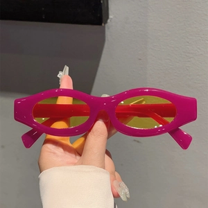Trendy retro oval sunglasses with magenta plastic frames and translucent yellow lenses