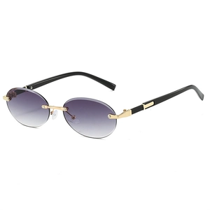 Fashionable rimless oval sunglasses with purple gradient lenses and gold metal accents