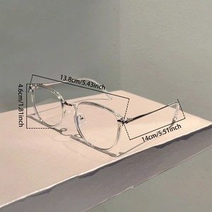 Side view of square transparent eyewear frame with silver metal temples on pink display stand