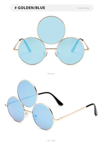 Front- und Seitenansichten der Drei-Linsen-Punk-Sonnenbrille mit Goldrahmen und blauen Gläsern