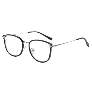 Retro black and silver metal round eyeglass frames with anti-blue light lenses for women