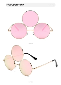 Detaillierte Vorder- und Seitenansicht der kreativen goldenen 3-Glas-Sonnenbrille